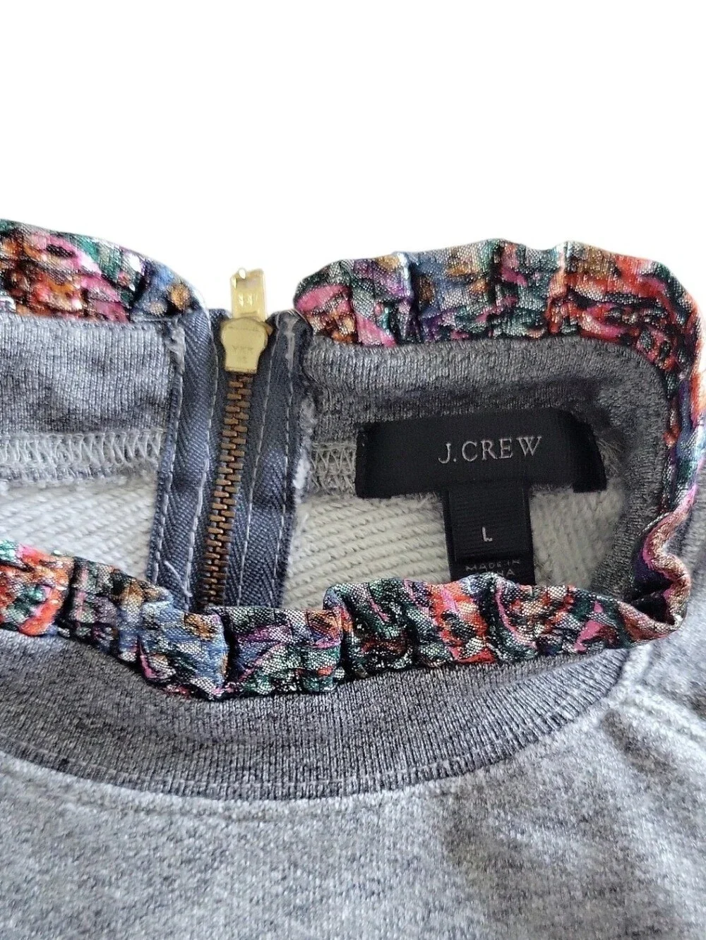 J. Crew Gray Floral Metallic Trim Ruffleneck Sweatshirt Size L